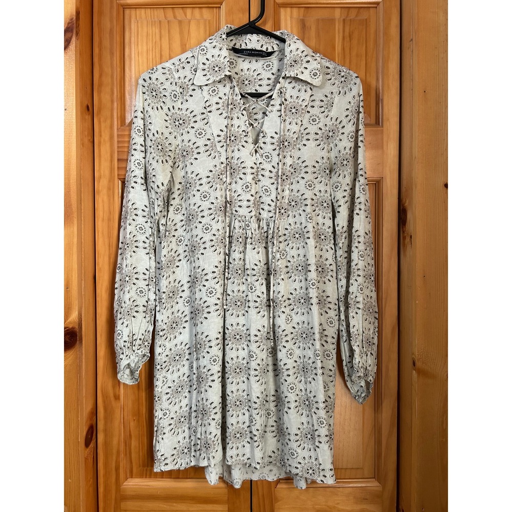 Zara Women's S‎ Oyster Eyelet Print Lace-Up Mini Smocked Boho Chic Dress